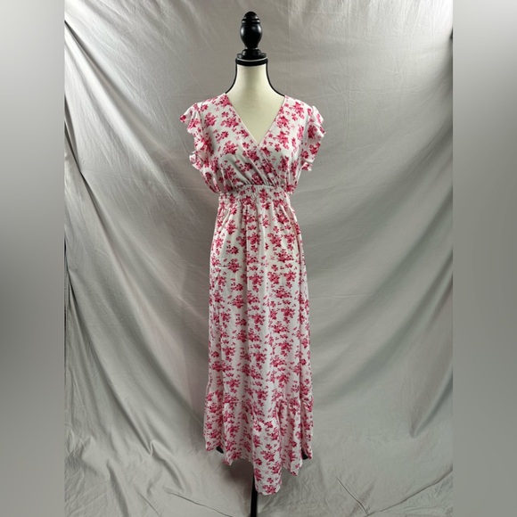 Boho Floral Print V-Neck Ruffle Sleeve Maxi Dress Red - Picture 5 of 8